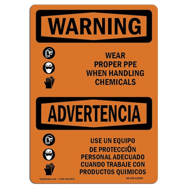 Signmission OSHA WARNING Sign, Wear PPE Handling Chemical Bilingual, 14in X 10in Decal, 14" W, 10" H, Landscape OS-WS-D-1014-L-12928 - main